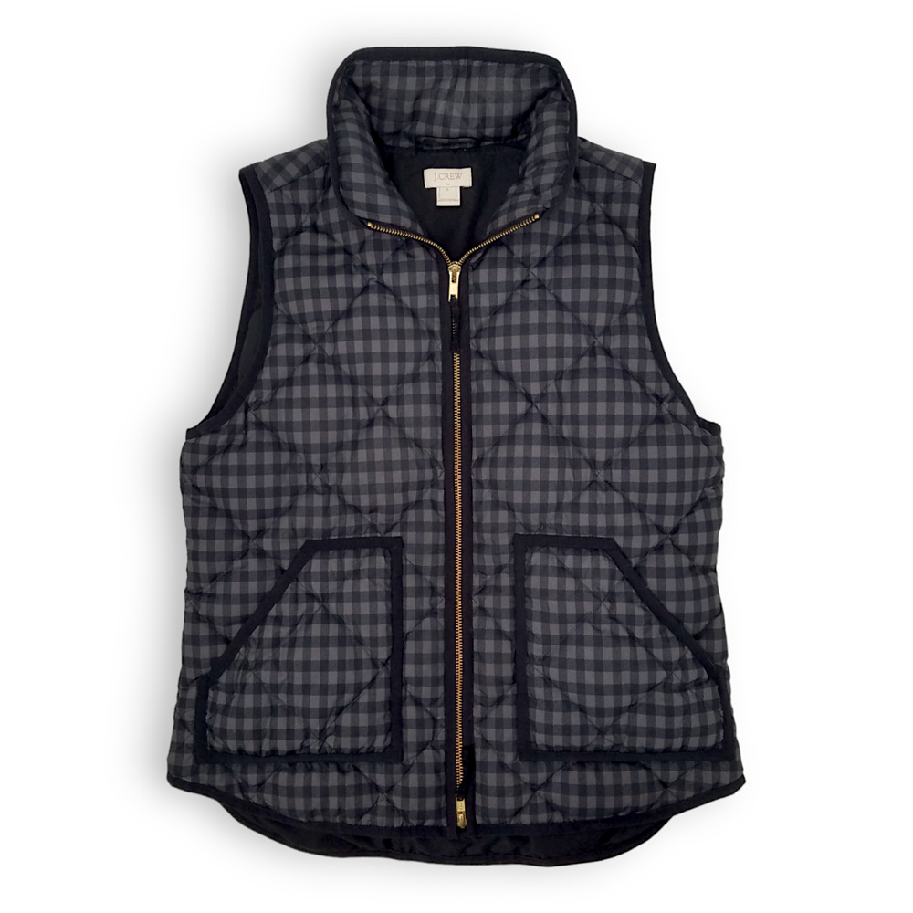 J. Crew Black & Gray Plaid Quilted Down Full Zip Puffer Vest Jacket Size Small